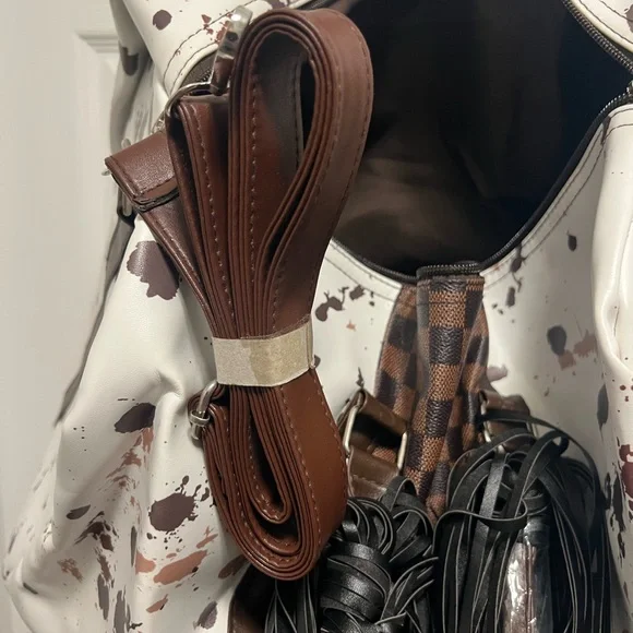 Stylish White and Brown Cow Print with Checkered insert Women's Bag - Picture 6 of 7